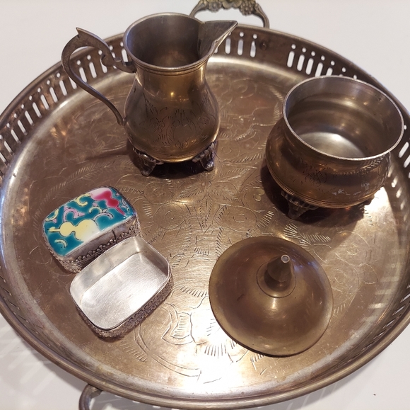 Antique Vintage 🤷Set tray sugar & creamer & box for pills 4 pc